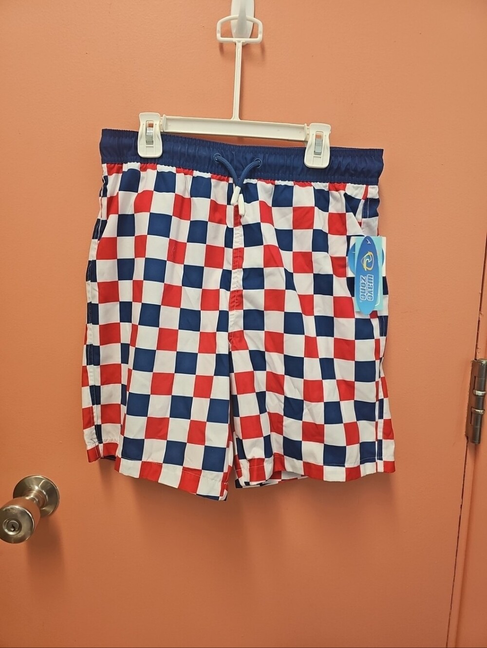 NWT Wave Zone Boys Size XL (14/16) Checker Red White & Blue Swim Trunks Shorts